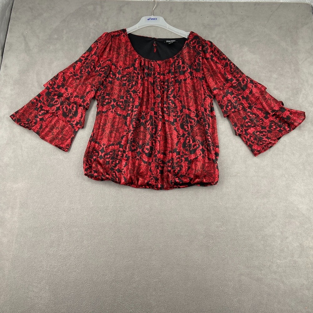 Roz & Ali Blouse Top Womens Medium Red Paisley Print Ruffle Sleeve‎ Bubble Hem